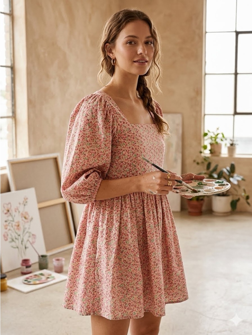 Storia Cottage Babydoll Dress Size M Multicolor Floral Puff Sleeve Mini